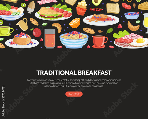 Traditional Breakfast Landing Page Template, Tasty Morning Meal Dishes Homepage, Website, Mobile App Vector Illustration