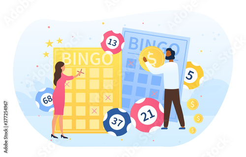 Multiracial couple playing bingo assigning numbers to cards as they are called, colored vector illustration