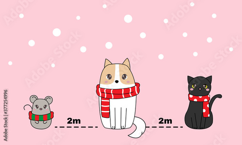 Cute animal social distancing in winter Christmas. Mouse, dog, and cat wearing scarf. Corona virus socialization. Flat vector illustration 