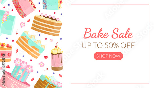 Bake Sale Landing Page Template with Tasty Cakes Pattern, Bakery Shop Sweet Desserts Special Offer, Cafe Menu Design Vector Illustration