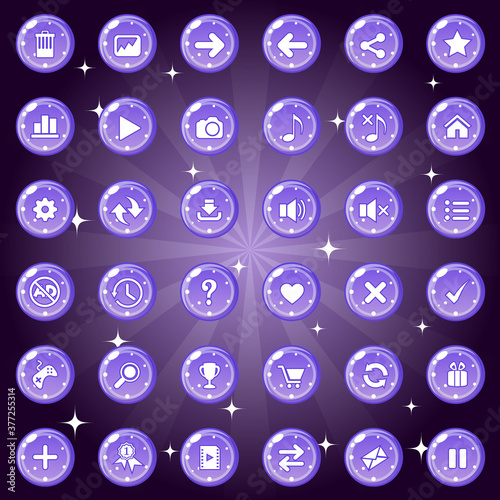 Buttons and icon set design for game or web theme is purple. Premium Vector illustration.