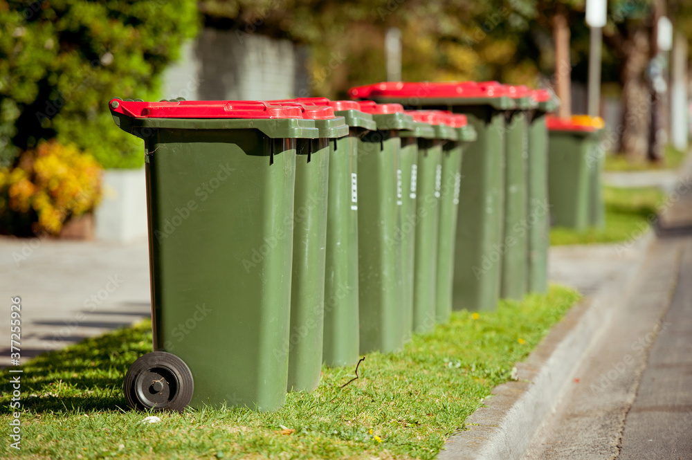 Recycling bin stands outdoor. Australia, Melbourne.