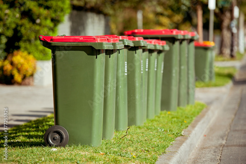 Recycling bin stands outdoor. Australia, Melbourne.
