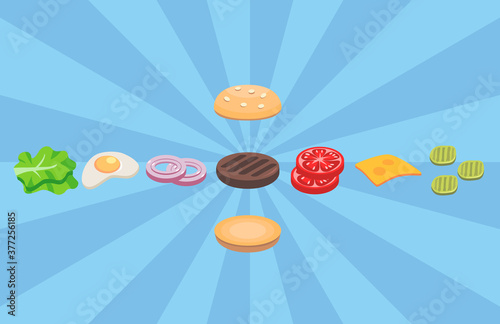 Set of ingredients for burger . Sliced veggies, bun, cutlet, cheese. Vector illustration cartoon flat icon collection.