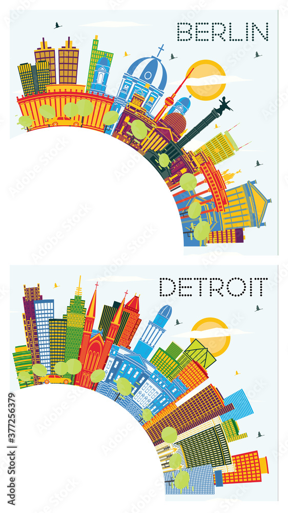 Detroit Michigan and Berlin Germany City Skylines Set with Color Buildings, Blue Sky and Copy Space.