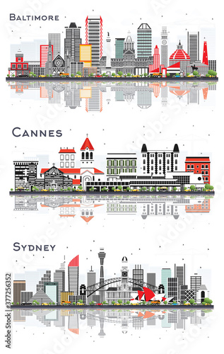 Cannes France, Sydney Australia and Baltimore Maryland City Skylines Set.