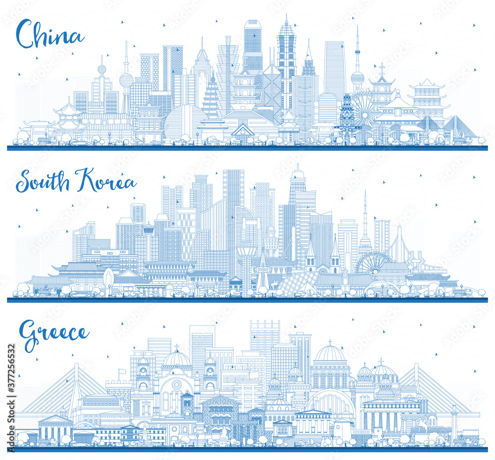 Outline South Korea, Greece and China City Skylines Set with Blue Buildings.