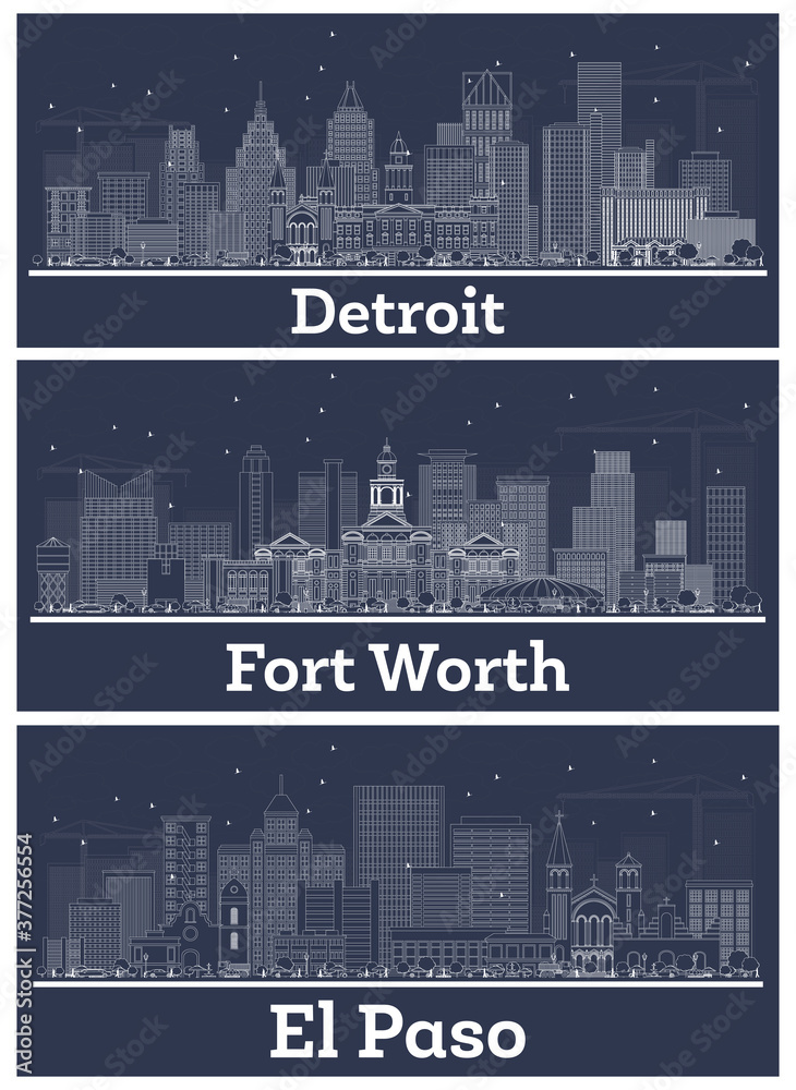 Outline Fort Worth, El Paso Texas and Detroit Michigan City Skylines Set with White Buildings.