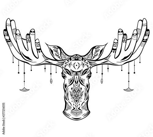 Contour native illustration of a moose head with ethnic decoration and bead on horns. Boho vector illustration for card, t-shirt print, tattoo and your design