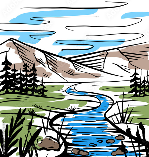 Nature color sketch of a meadow with a river, mountains and firs. Tranquil peaceful wild landscape. Vector colorful ink scribble element for labels, cards and your creativity