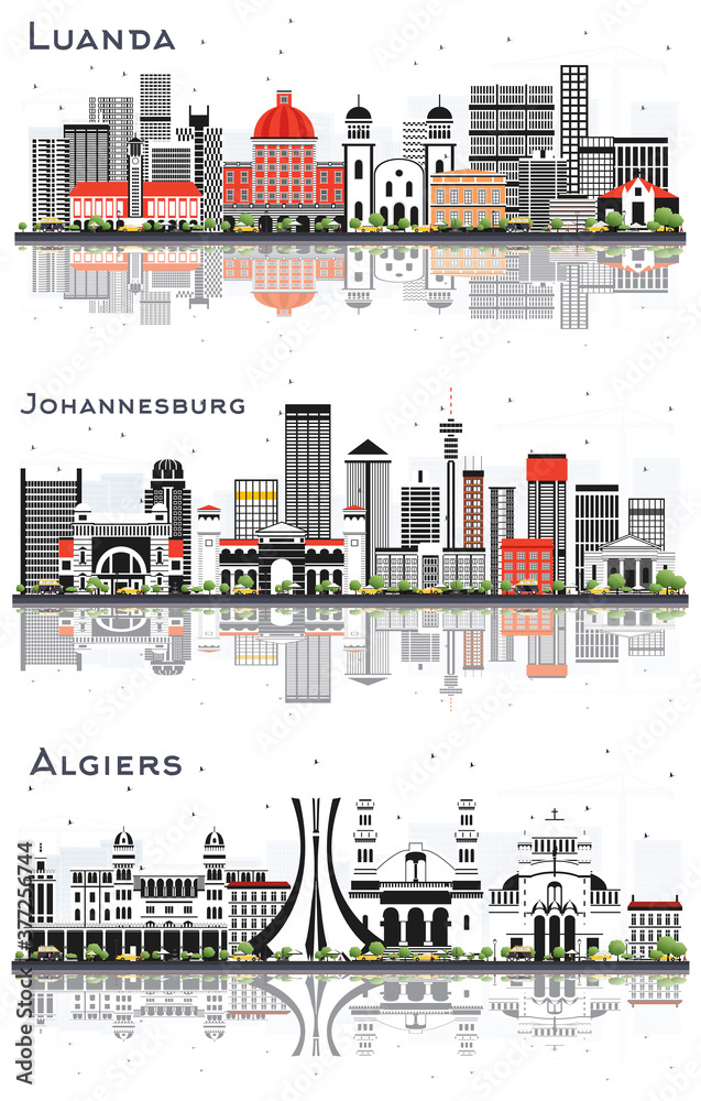 Algiers Algeria, Johannesburg South Africa and Luanda Angola City Skylines Set with Gray Buildings.
