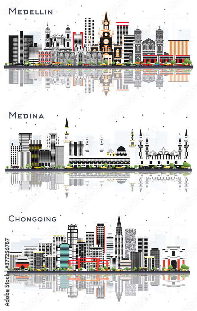 Chongqing China, Medina Saudi Arabia and Medellin Colombia City Skylines Set.