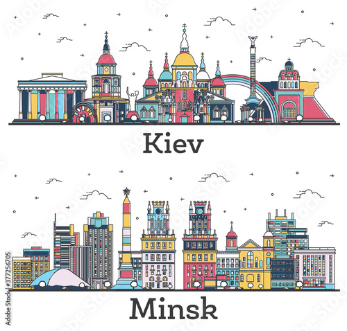 Outline Minsk Belarus and Kiev Ukraine City Skylines Set with Color Buildings Isolated on White.