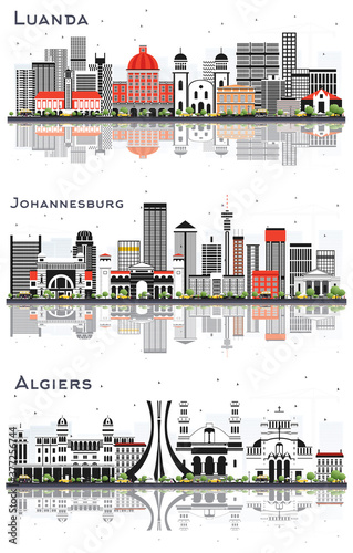 Algiers Algeria  Johannesburg South Africa and Luanda Angola City Skylines Set with Gray Buildings.