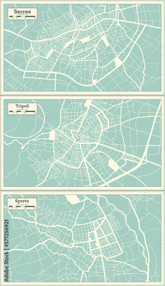 Tripoli, Sparta and Serres Greece City Maps Set in Retro Style.