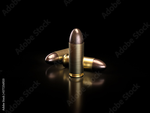 Close-up, Bullets on black background with reflection shadow, 3D illustration.