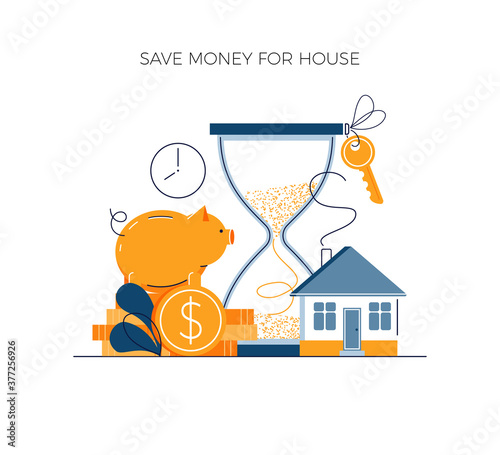 Money savings concept, invest money for private house buying. Toss gold coins in piggy bank. Future financial planning investment. Cash savings and save money vector illustration in modern flat style