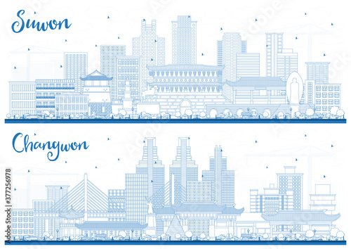 Foto Outline Changwon and Suwon South Korea City Skylines Set with Blue Buildings