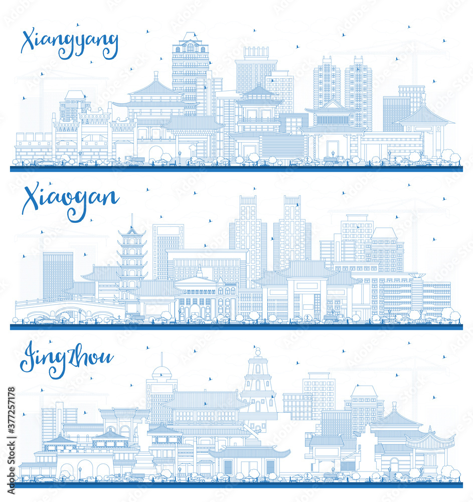Outline Jingzhou, Xiaogan and Xiangyang China City Skylines Set with Blue Buildings. Outline Jingzhou, Xiaogan and Xiangyang China City Skylines Set with Blue Buildings.