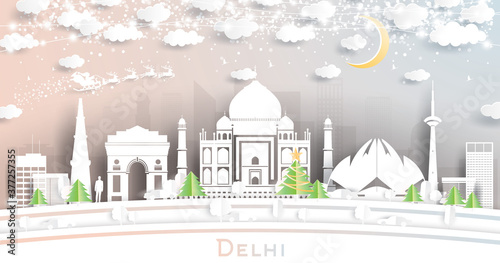 Delhi India City Skyline in Paper Cut Style with Snowflakes, Moon and Neon Garland.