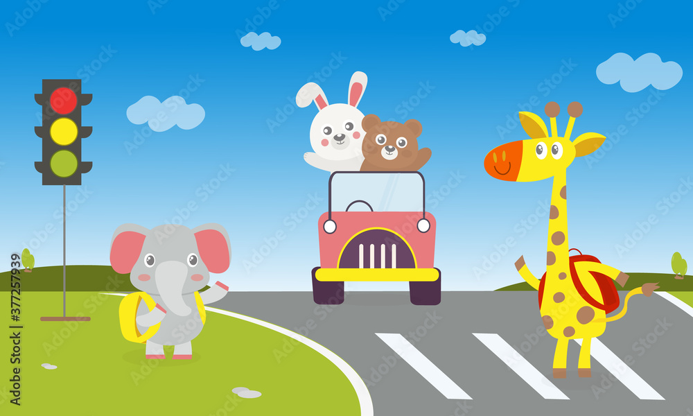 Obraz premium Cartoon animal rabbit white Driving a car with a brown bear sitting beside. bare waving on the car, a giraffe and elephant cross the road at the traffic lights. Cute animal travel trip in holiday.