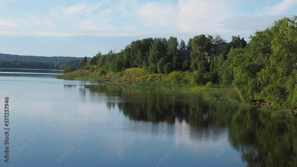 View of the forest river. A landscape with a river and forest trees on a Sunny summer day View of the forest river. A landscape with a river and forest trees on a Sunny summer day