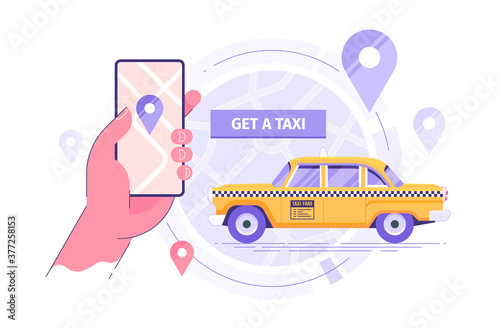 Taxi app. Hand holding smartphone with taxi application on a screen. Booking taxi online concept design. Modern vector illustration.