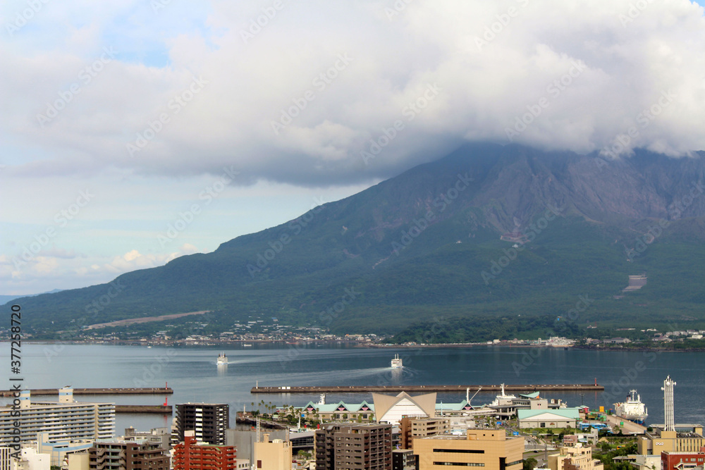 Mount Sakurajima of Kagoshima, view from Shiroyama Observatory in daytime Mount Sakurajima of Kagoshima, view from Shiroyama Observatory in daytime