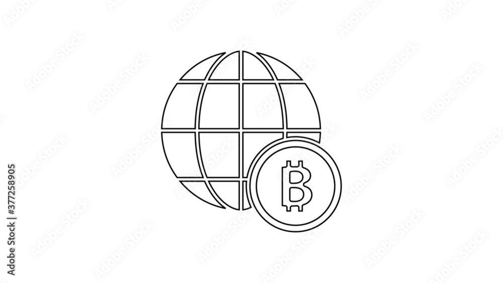 Black line Globe and cryptocurrency coin Bitcoin icon isolated on white background. Physical bit coin. Blockchain based secure crypto currency. 4K Video motion graphic animation. Black line Globe and cryptocurrency coin Bitcoin icon isolated on white background. Physical bit coin. Blockchain based secure crypto currency. 4K Video motion graphic animation.
