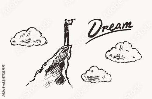 Business man look cliff telescopen dreaming vector