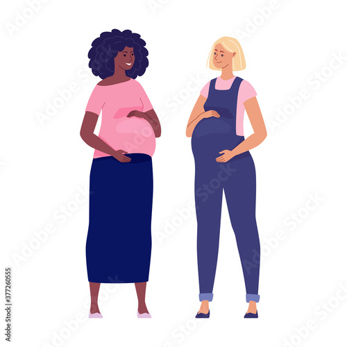 Set of beautiful pregnant women hugging their big bellies. Illustration. Vector in a flat cartoon style.