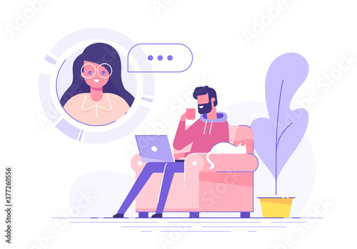 A handsome man using laptop for video call with his girl friend or colleague. Friends talking online. Online education and e-learning concept. Modern vector illustration.