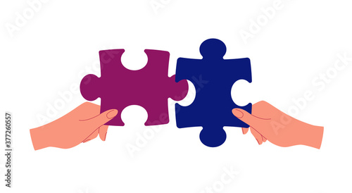Business partnership metaphor. The concept of building a business system, solving problems, brainstorming, recruiting, teamwork, collaboration. Vector illustration in flat cartoon style.