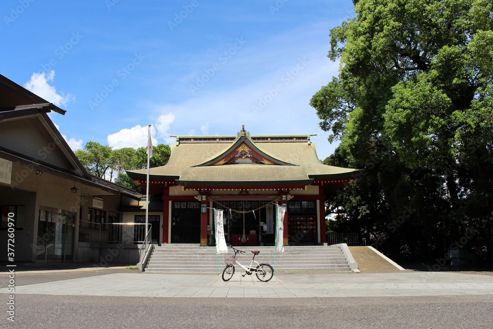 Bicycle at Yasaka Shrine next to Tagayama Park in Kagoshima