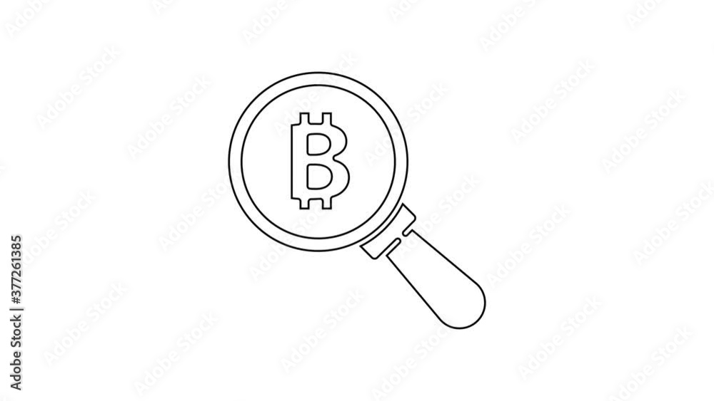 Black line Magnifying glass with Bitcoin icon isolated on white background. Physical bit coin. Blockchain based secure crypto currency. 4K Video motion graphic animation. Black line Magnifying glass with Bitcoin icon isolated on white background. Physical bit coin. Blockchain based secure crypto currency. 4K Video motion graphic animation.