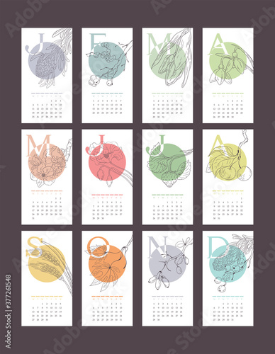 stylish calendar on separate cards with twigs and flowers 2021
