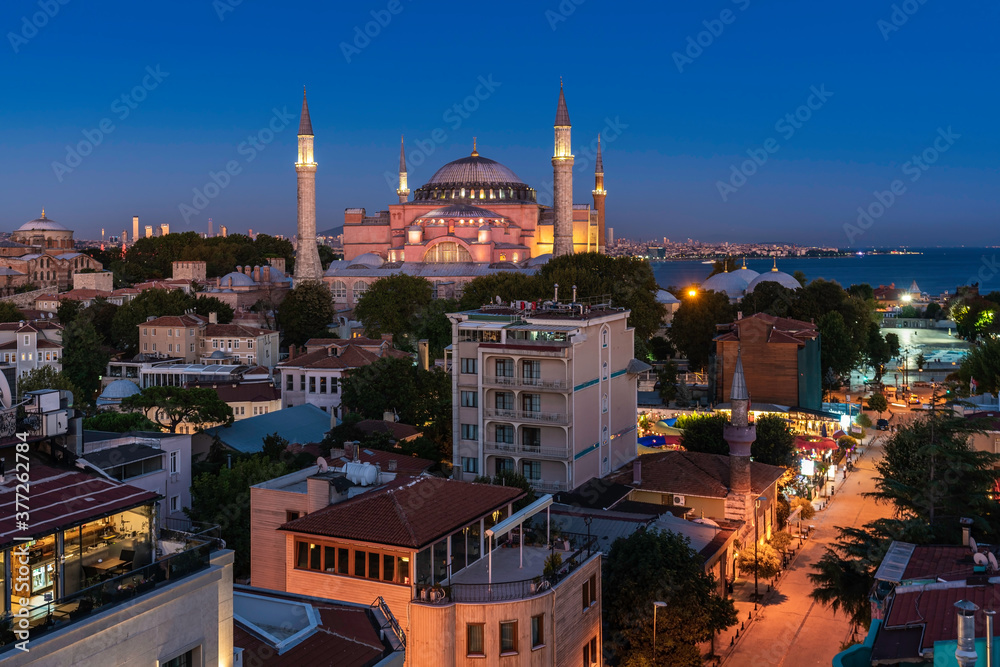 Istanbul high angle view with Hagia Sophia and city skyline at night