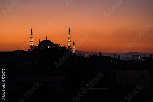 Sunset over Istanbul Silhouette, orange sky, Turkey