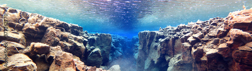 Panorama of canyon underwater in glacial spring; Silfra, Iceland