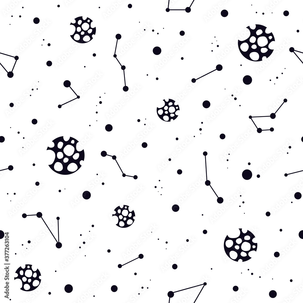 Fototapeta Seamless pattern with black constellations, planets and stars on white background.