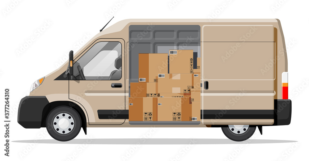 Delivery van full of cardboard boxes isolated on white. Express delivering services commercial truck. Concept of fast and free delivery by car. Cargo and logistic. Cartoon flat vector illustration