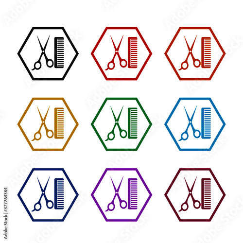 Scissors groomer comb icon, color set