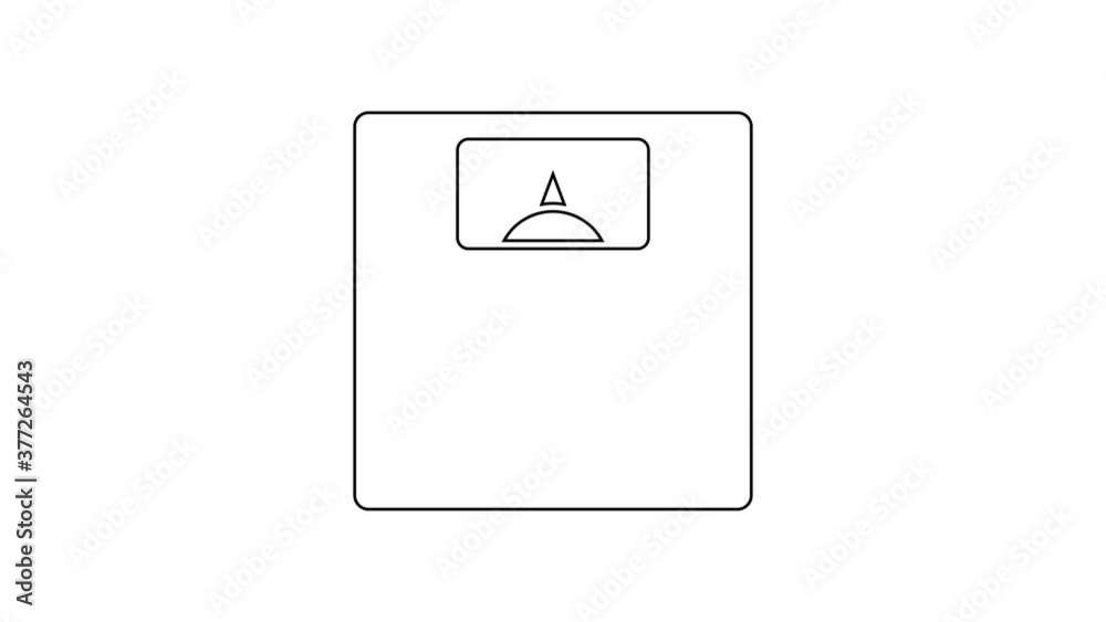 Black line Bathroom scales icon isolated on white background. Weight measure Equipment. Weight Scale fitness sport concept. 4K Video motion graphic animation. Black line Bathroom scales icon isolated on white background. Weight measure Equipment. Weight Scale fitness sport concept. 4K Video motion graphic animation.
