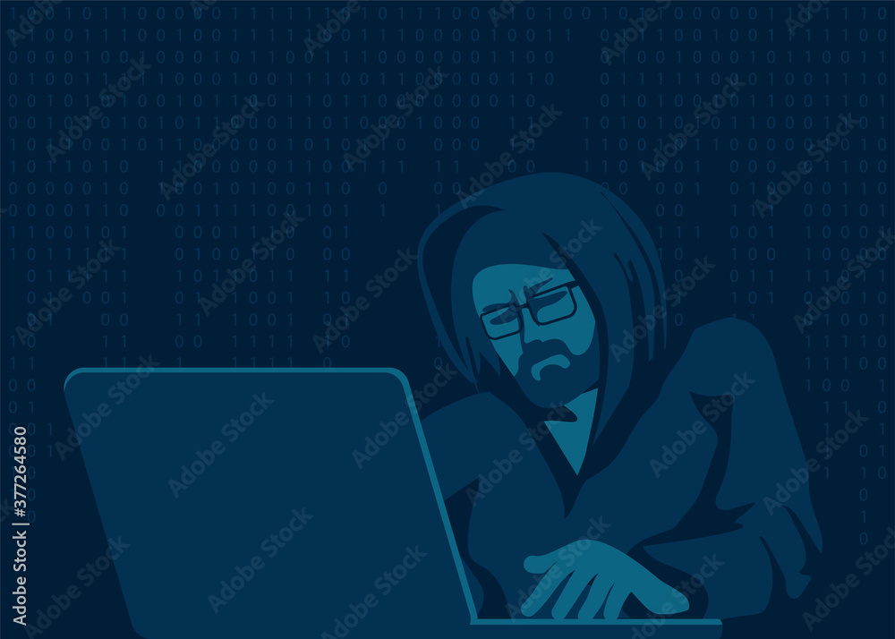 A hacker with a laptop breaks a computer code. Vector illustration. A hacker with a laptop breaks a computer code. Vector illustration.
