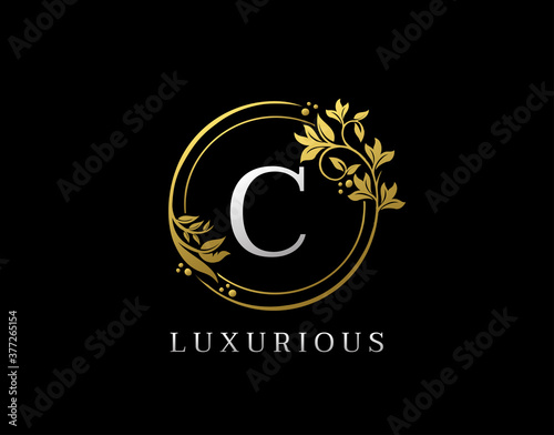 Luxury Circle C Letter Floral Design. Elegant Gold C Royal Logo Icon.