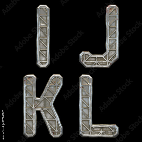 Set of capital letters I, J, K, L made of industrial metal isolated on black background. 3d