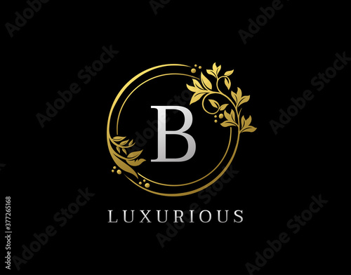 Luxury Circle B Letter Floral Design. Elegant Gold B Royal Logo Icon.