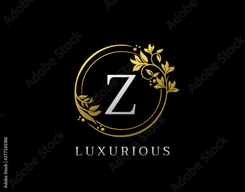Luxury Circle Z Letter Floral Design. Elegant Gold Z Royal Logo Icon.