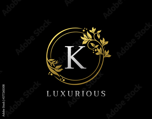 Luxury Circle K Letter Floral Design. Elegant Gold K Royal Logo Icon.