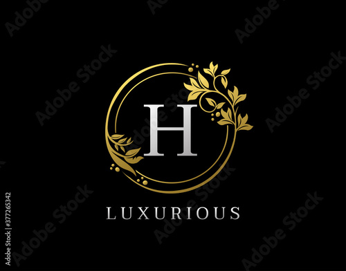Luxury Circle H Letter Floral Design. Elegant Gold H Royal Logo Icon.